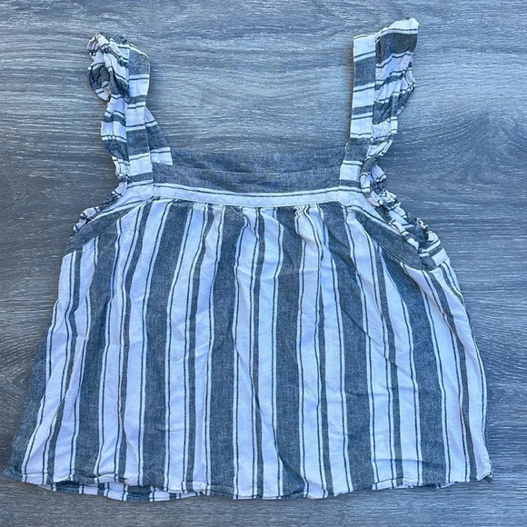 Loft Striped Ruffle Shoulder Linen Blend Shell Tank - Picture 1 of 8